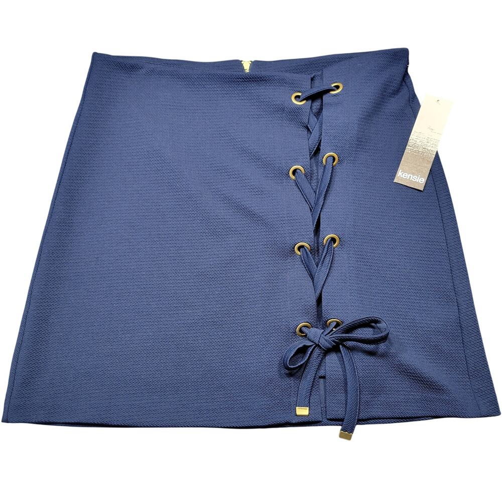 Kensie Blue Mini Skirt NEW Stretch Laced Tie Front Zip Back Aline Women's Size L